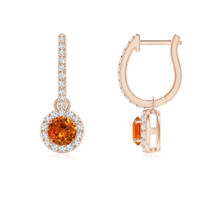 4mm AAA Round Spessartite Dangle Earrings with Diamond Halo in Rose Gold