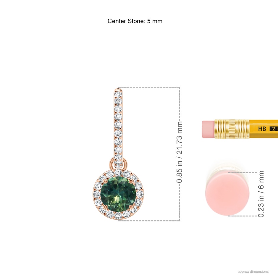 5mm AA Round Teal Montana Sapphire Dangle Earrings with Diamond Halo in Rose Gold ruler
