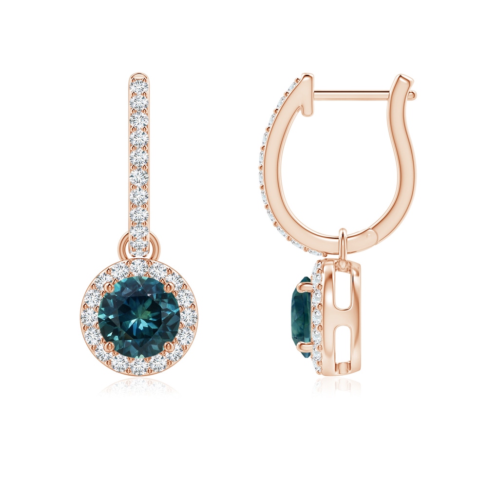 5mm AAA Round Teal Montana Sapphire Dangle Earrings with Diamond Halo in Rose Gold