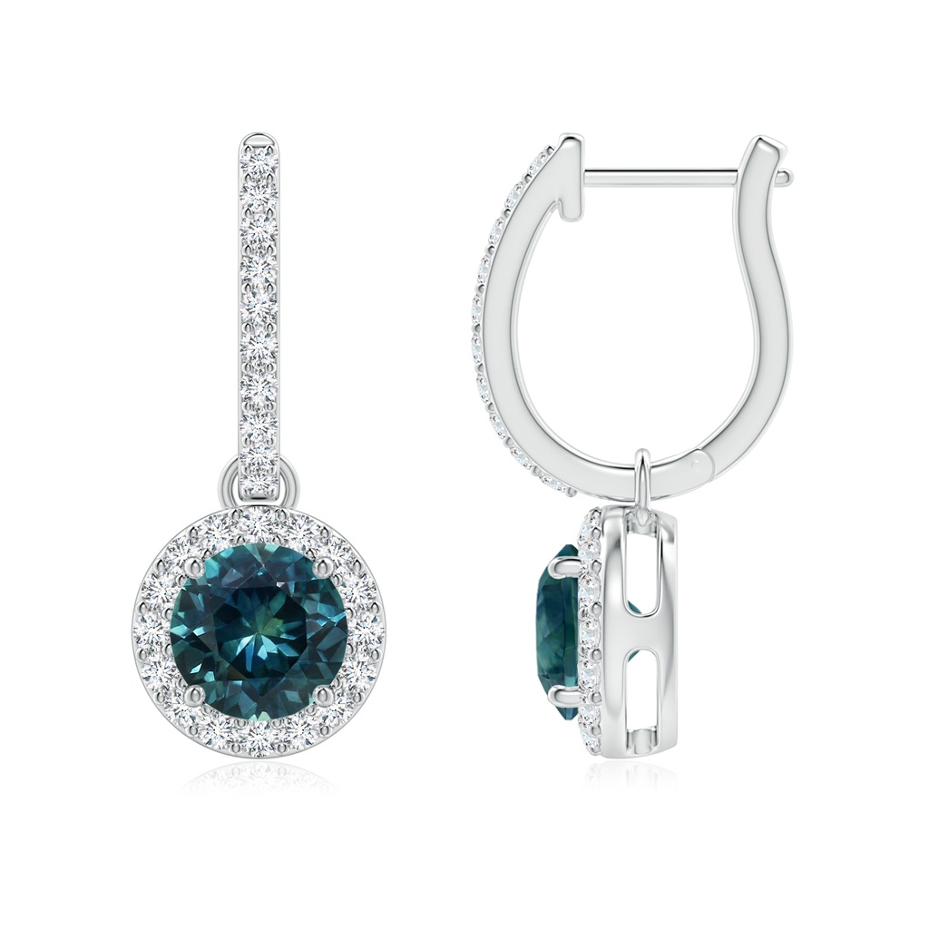6mm AAA Round Teal Montana Sapphire Dangle Earrings with Diamond Halo in White Gold