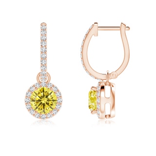 5.2mm AAAA Round Fancy Intense Yellow Diamond Dangle Earrings with Halo in 18K Rose Gold