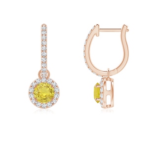 4mm AA Round Yellow Sapphire Dangle Earrings with Diamond Halo in Rose Gold