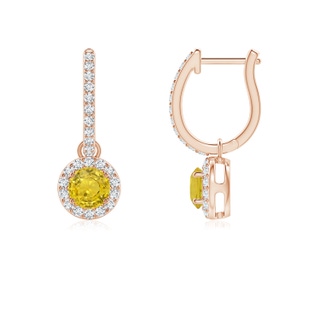 4mm AAA Round Yellow Sapphire Dangle Earrings with Diamond Halo in 9K Rose Gold