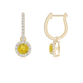 4mm AAA Round Yellow Sapphire Dangle Earrings with Diamond Halo in Yellow Gold