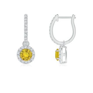 4mm AAAA Round Yellow Sapphire Dangle Earrings with Diamond Halo in P950 Platinum