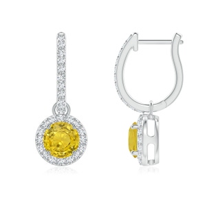 5mm AAA Round Yellow Sapphire Dangle Earrings with Diamond Halo in White Gold