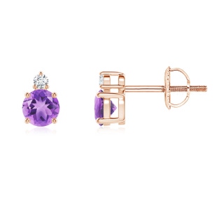 4mm A Basket-Set Round Amethyst Stud Earrings with Diamond in Rose Gold
