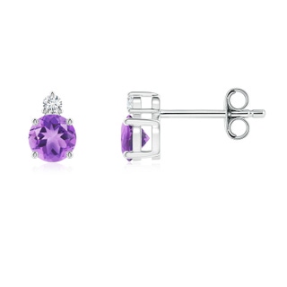 4mm A Basket-Set Round Amethyst Stud Earrings with Diamond in S999 Silver