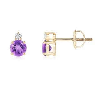 4mm A Basket-Set Round Amethyst Stud Earrings with Diamond in Yellow Gold