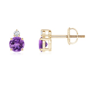 4mm AA Basket-Set Round Amethyst Stud Earrings with Diamond in Yellow Gold