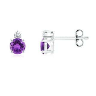 4mm AAA Basket-Set Round Amethyst Stud Earrings with Diamond in S999 Silver