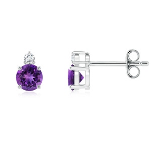 4mm AAAA Basket-Set Round Amethyst Stud Earrings with Diamond in S999 Silver