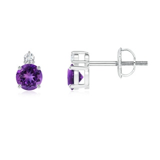 4mm AAAA Basket-Set Round Amethyst Stud Earrings with Diamond in White Gold