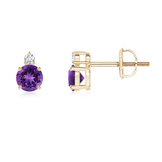 4mm AAAA Basket-Set Round Amethyst Stud Earrings with Diamond in Yellow Gold