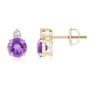5mm A Basket-Set Round Amethyst Stud Earrings with Diamond in Yellow Gold