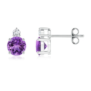 5mm AA Basket-Set Round Amethyst Stud Earrings with Diamond in S999 Silver
