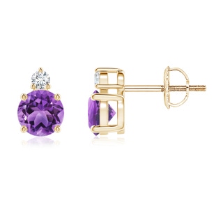5mm AA Basket-Set Round Amethyst Stud Earrings with Diamond in Yellow Gold