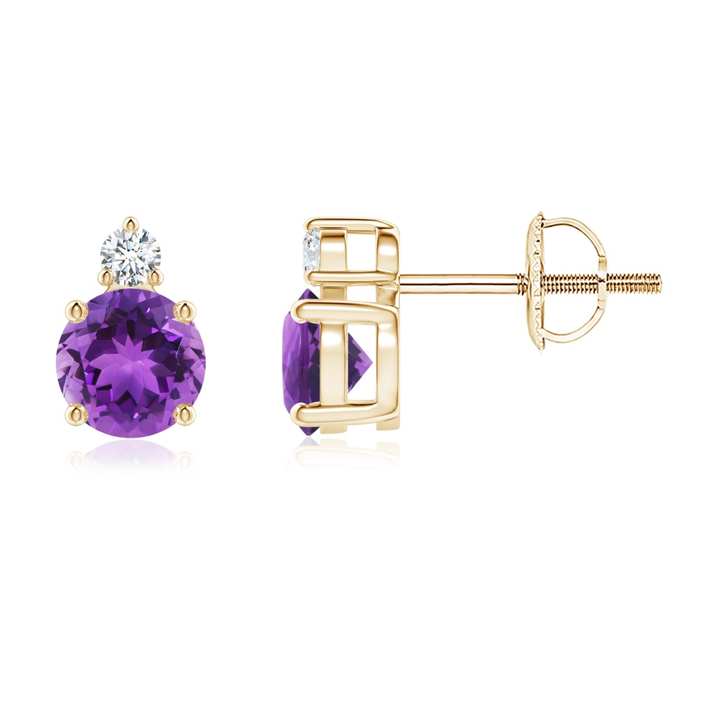 5mm AAA Basket-Set Round Amethyst Stud Earrings with Diamond in 9K Yellow Gold