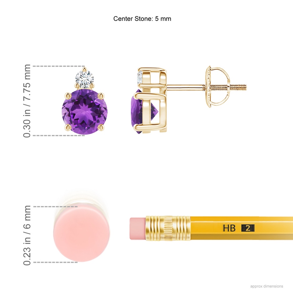 5mm AAA Basket-Set Round Amethyst Stud Earrings with Diamond in 9K Yellow Gold ruler