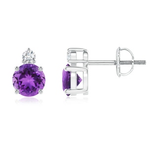 5mm AAA Basket-Set Round Amethyst Stud Earrings with Diamond in White Gold
