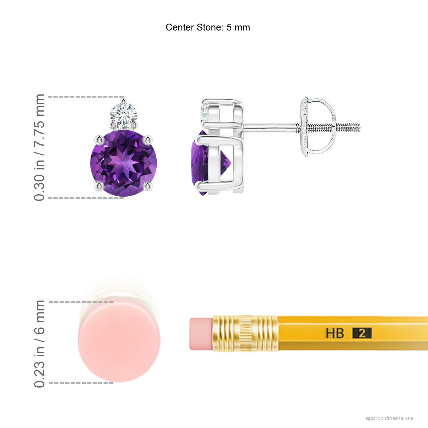 5mm AAAA Basket-Set Round Amethyst Stud Earrings with Diamond in P950 Platinum - ruler