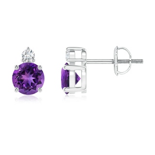 5mm AAAA Basket-Set Round Amethyst Stud Earrings with Diamond in White Gold