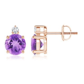 6mm A Basket-Set Round Amethyst Stud Earrings with Diamond in Rose Gold