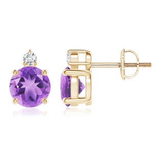 6mm A Basket-Set Round Amethyst Stud Earrings with Diamond in Yellow Gold