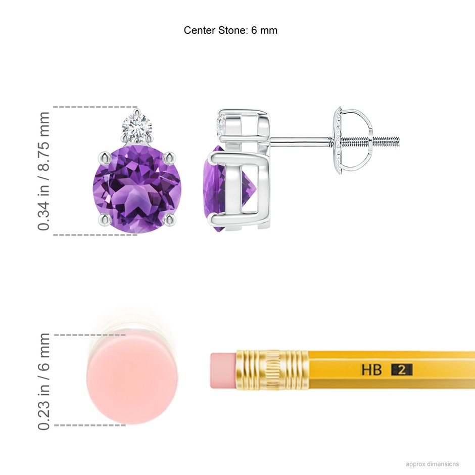 6mm AA Basket-Set Round Amethyst Stud Earrings with Diamond in 18K White Gold ruler