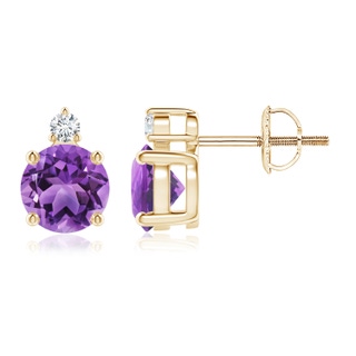 6mm AA Basket-Set Round Amethyst Stud Earrings with Diamond in Yellow Gold