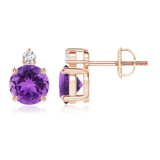 6mm AAA Basket-Set Round Amethyst Stud Earrings with Diamond in Rose Gold