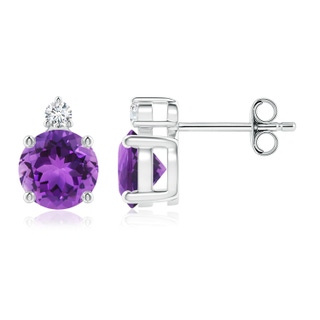 6mm AAA Basket-Set Round Amethyst Stud Earrings with Diamond in S999 Silver