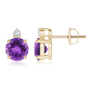 6mm AAA Basket-Set Round Amethyst Stud Earrings with Diamond in Yellow Gold