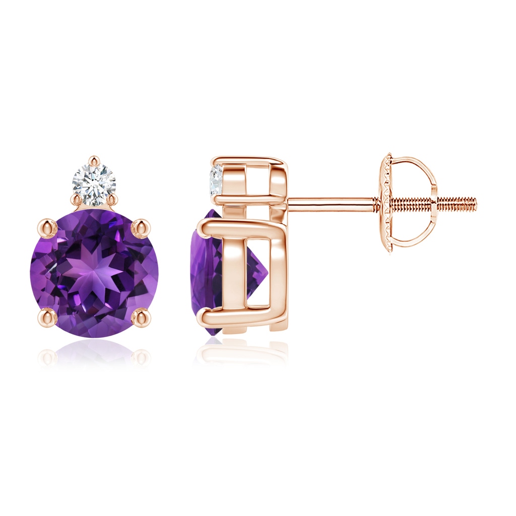 6mm AAAA Basket-Set Round Amethyst Stud Earrings with Diamond in Rose Gold