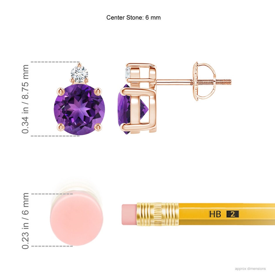 6mm AAAA Basket-Set Round Amethyst Stud Earrings with Diamond in Rose Gold ruler