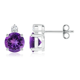 6mm AAAA Basket-Set Round Amethyst Stud Earrings with Diamond in S999 Silver