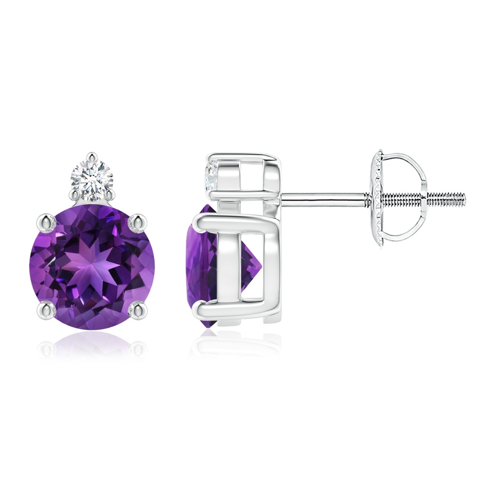 6mm AAAA Basket-Set Round Amethyst Stud Earrings with Diamond in White Gold