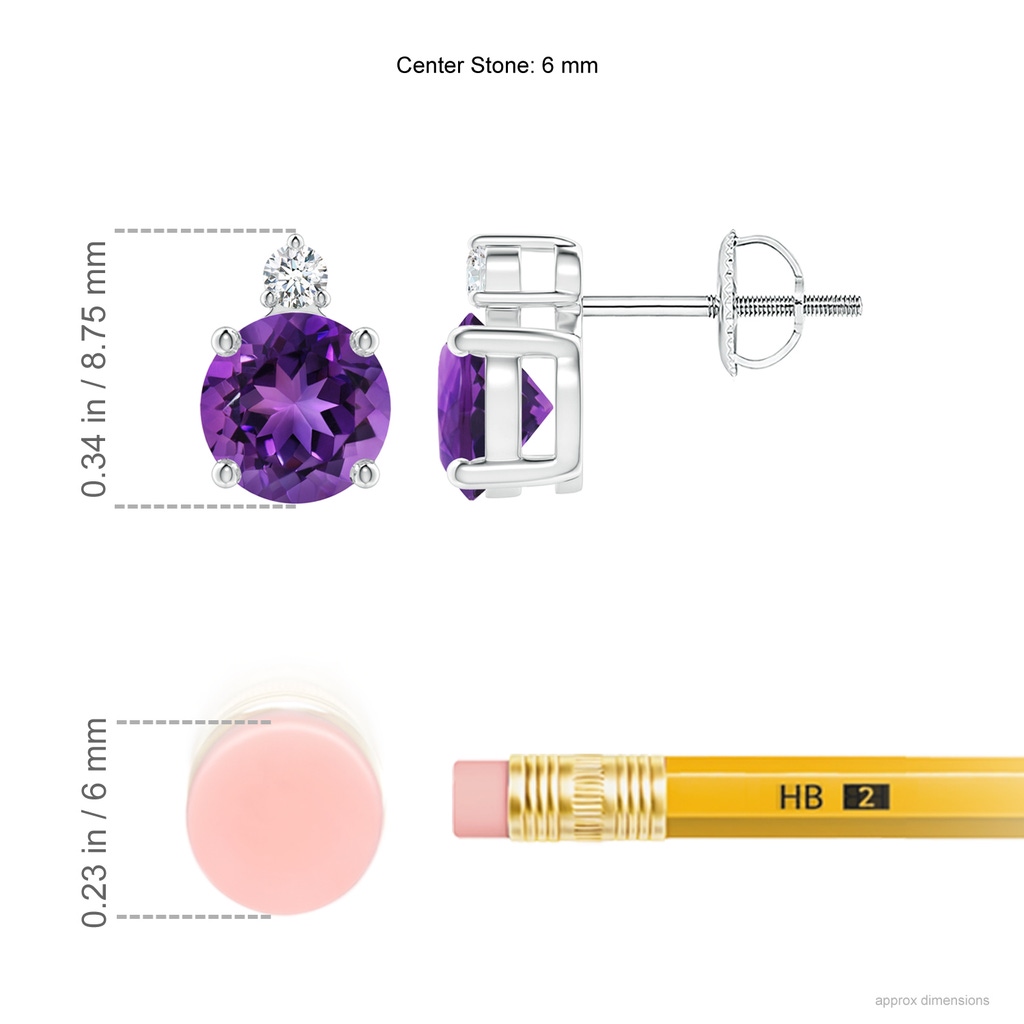 6mm AAAA Basket-Set Round Amethyst Stud Earrings with Diamond in White Gold Ruler