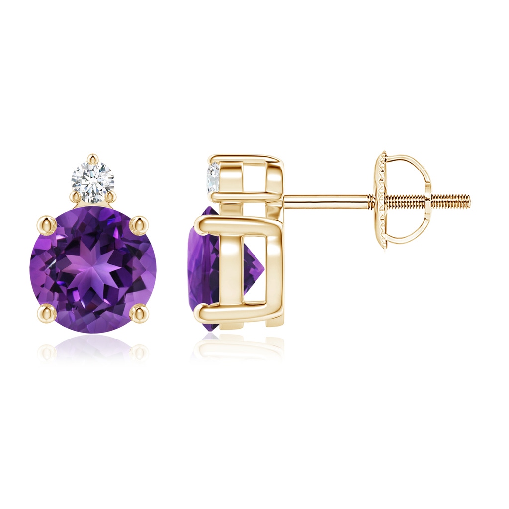 6mm AAAA Basket-Set Round Amethyst Stud Earrings with Diamond in Yellow Gold 