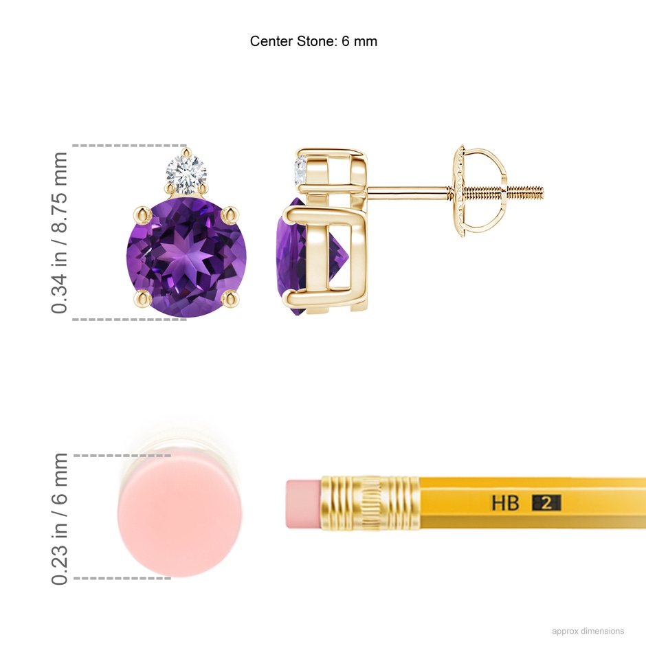 6mm AAAA Basket-Set Round Amethyst Stud Earrings with Diamond in Yellow Gold ruler