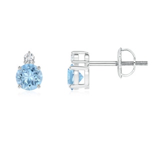 4mm AAA Basket-Set Round Aquamarine Stud Earrings with Diamond in 9K White Gold
