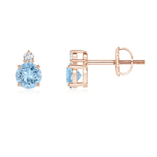 4mm AAA Basket-Set Round Aquamarine Stud Earrings with Diamond in Rose Gold