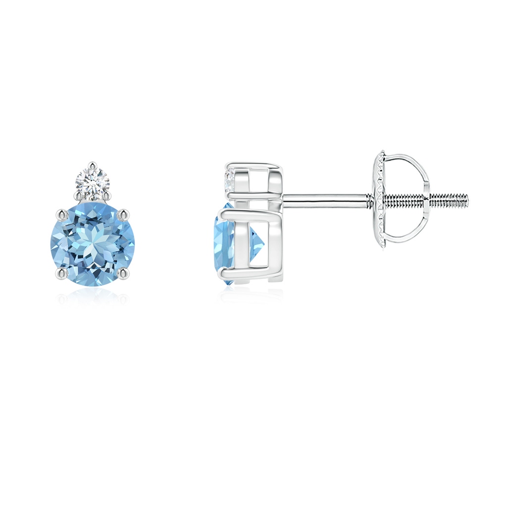 4mm AAAA Basket-Set Round Aquamarine Stud Earrings with Diamond in P950 Platinum