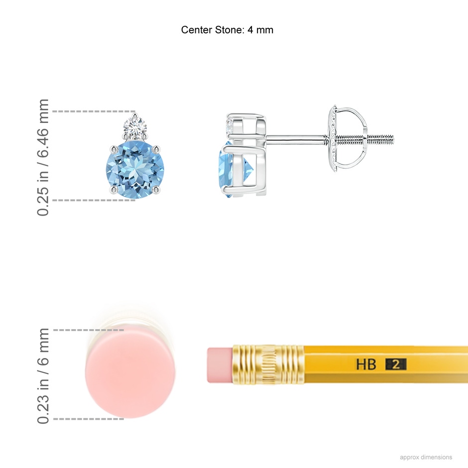 4mm AAAA Basket-Set Round Aquamarine Stud Earrings with Diamond in P950 Platinum ruler