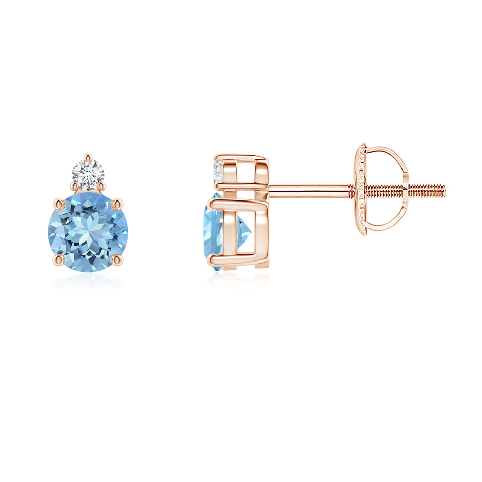 4mm AAAA Basket-Set Round Aquamarine Stud Earrings with Diamond in Rose Gold 