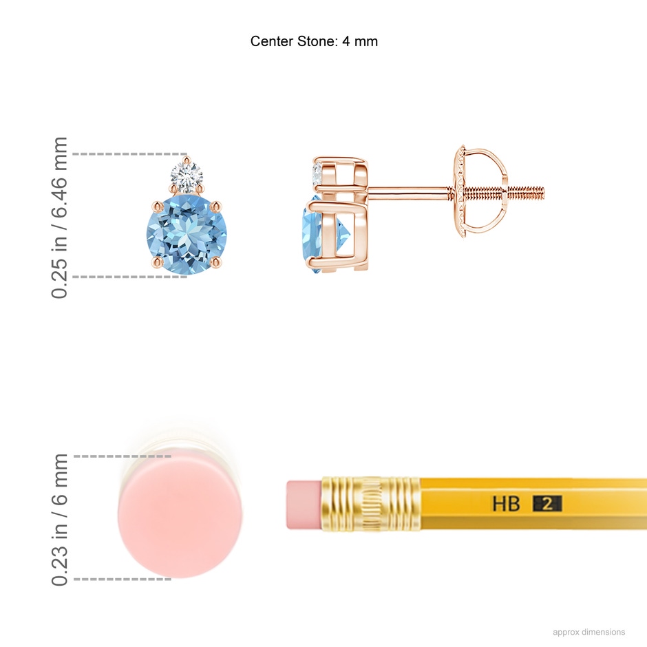 4mm AAAA Basket-Set Round Aquamarine Stud Earrings with Diamond in Rose Gold ruler