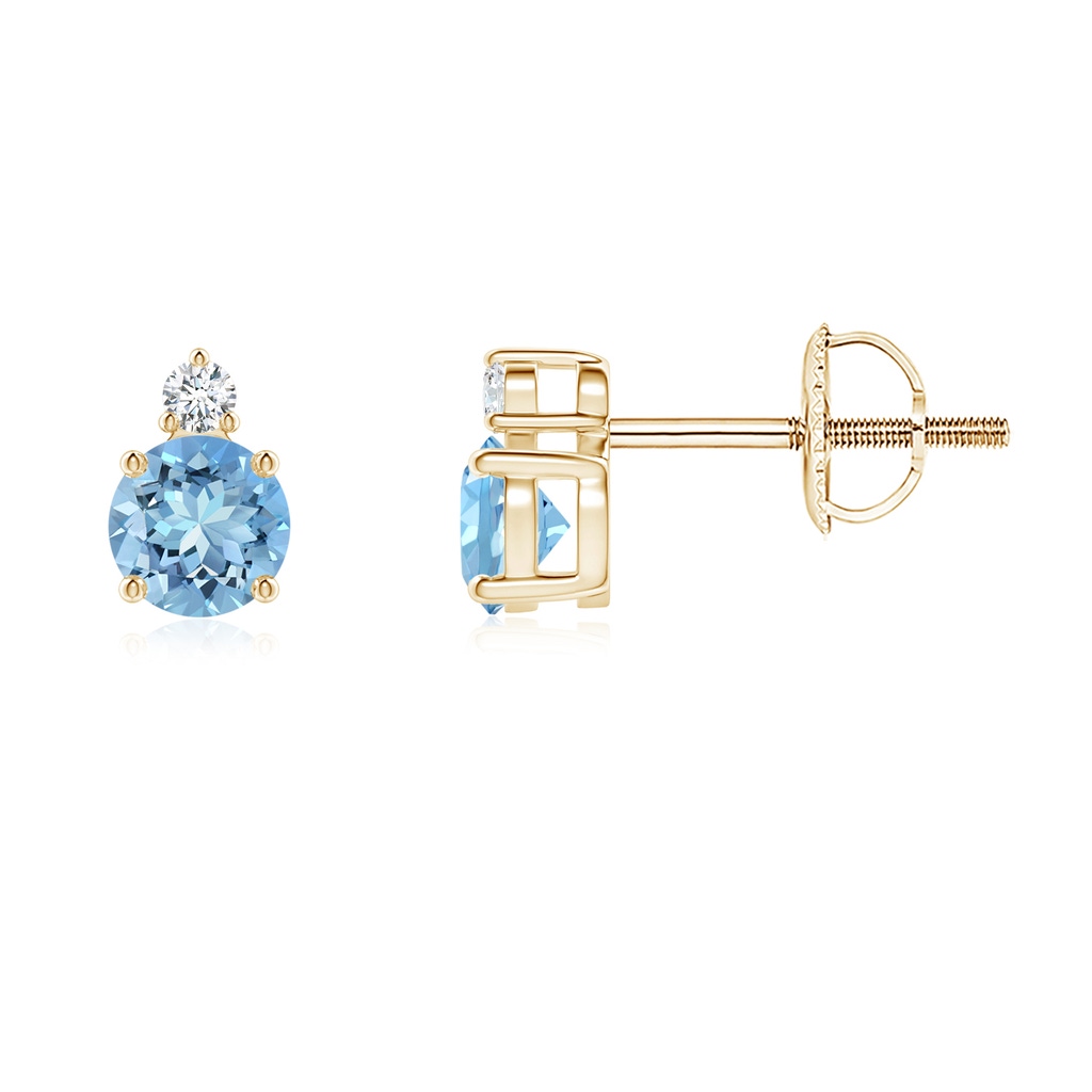 4mm AAAA Basket-Set Round Aquamarine Stud Earrings with Diamond in Yellow Gold