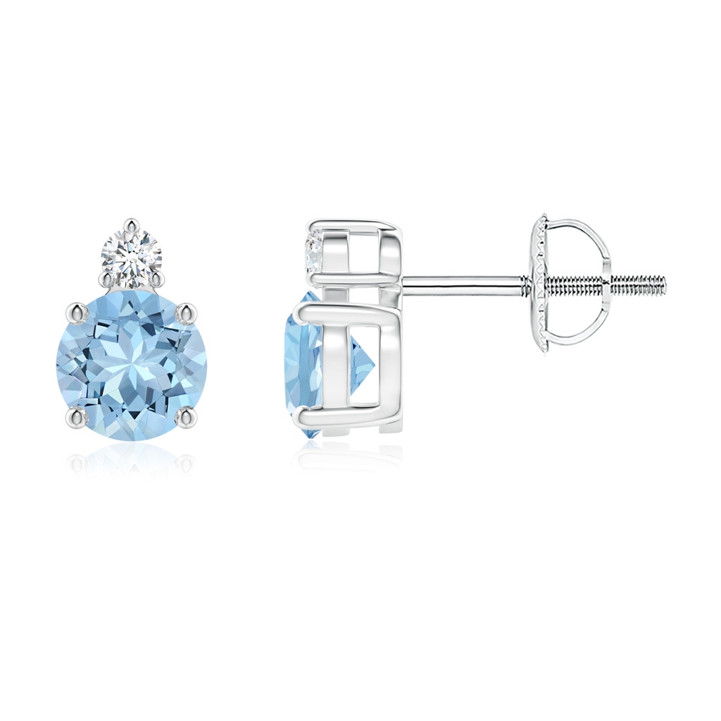 5mm AAA Basket-Set Round Aquamarine Stud Earrings with Diamond in 9K White Gold