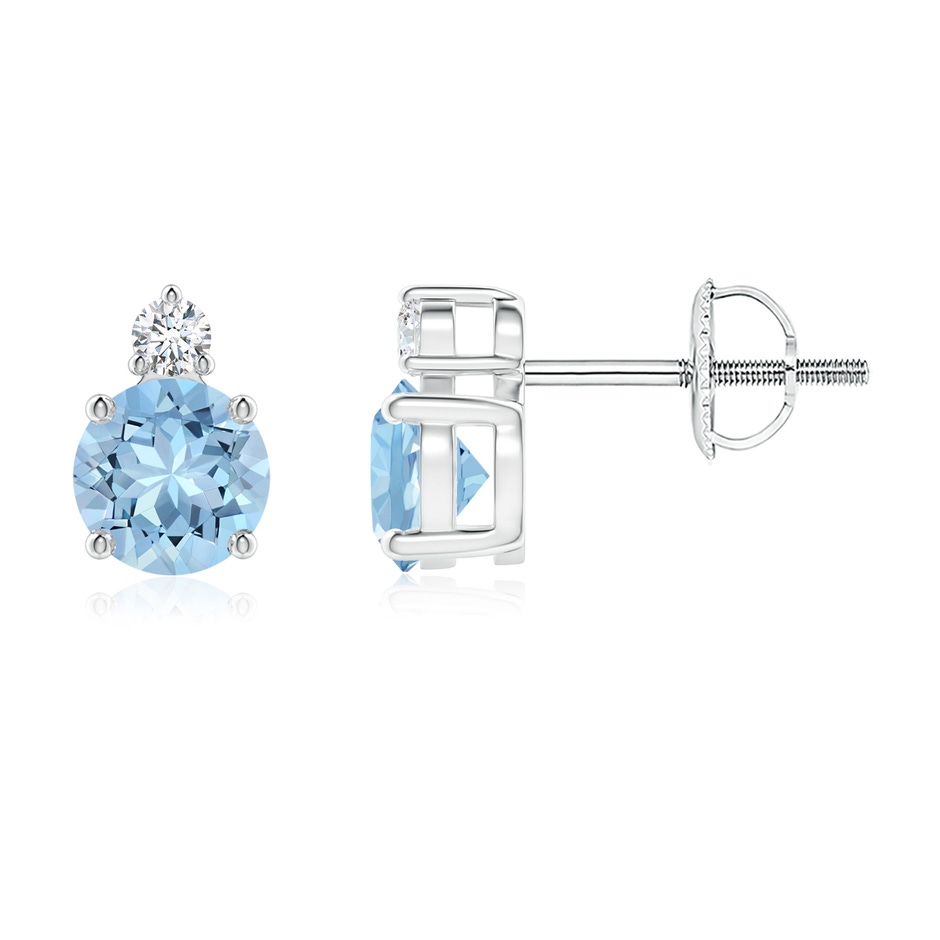 5mm AAA Basket-Set Round Aquamarine Stud Earrings with Diamond in 9K White Gold 