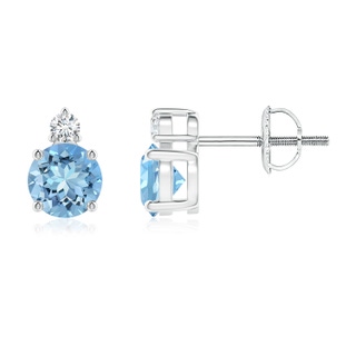 5mm AAAA Basket-Set Round Aquamarine Stud Earrings with Diamond in White Gold
